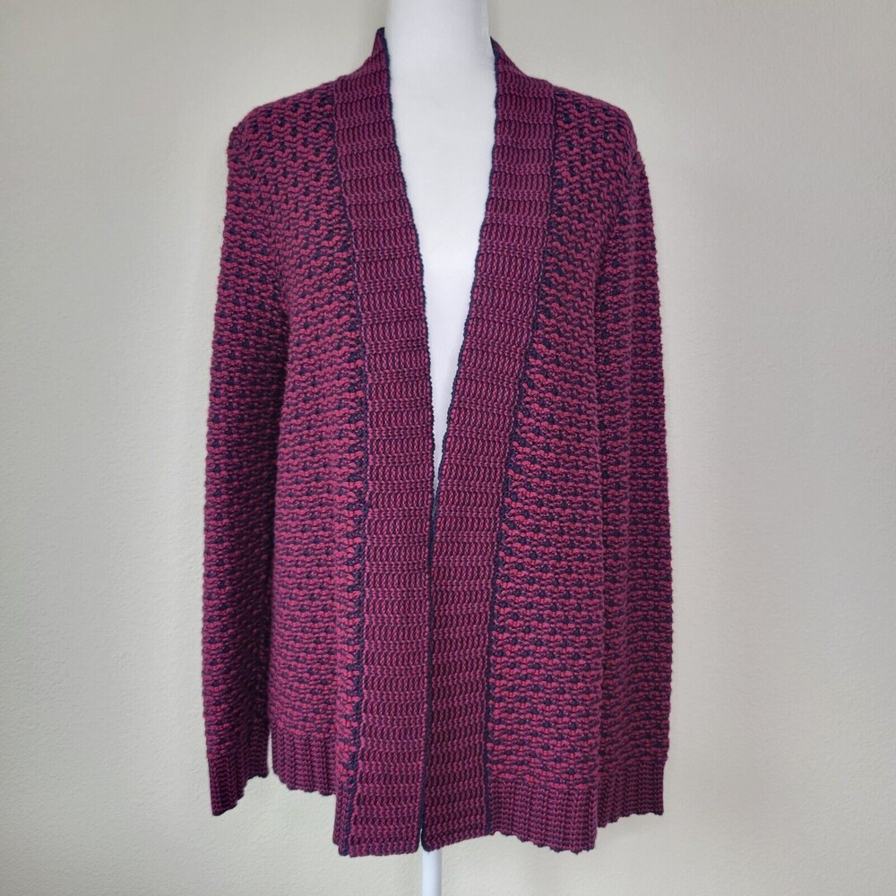 Talbots Wool Blend Cardigan Large Open Front Knit Cardigan Red Blue Long Sleev